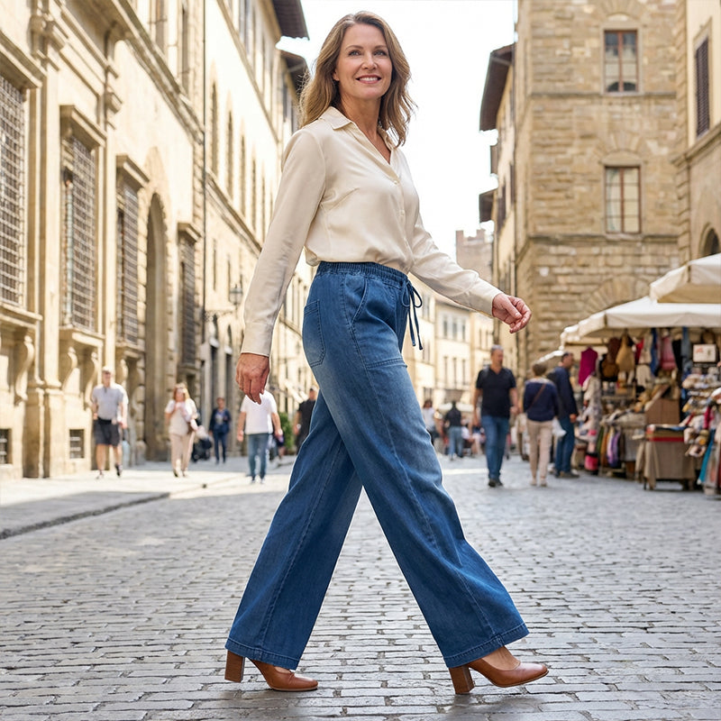 Adjustable Drawstring Waist Wide Leg Jeans for Women