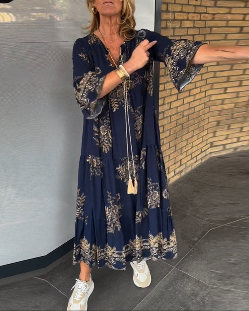 Rose™ – Vintage Loose V-Neck Midi Dress