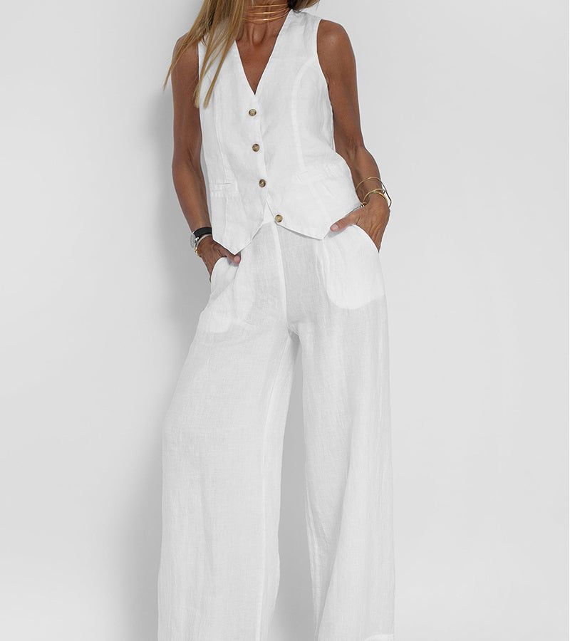 Aira - Buttoned Vest & Wide Leg Trousers Set