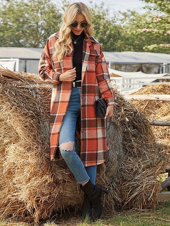 Elowen | Women's long plaid coat with buttons
