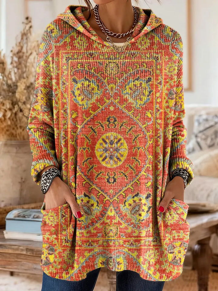 Vintage-Inspired Hooded Knit Tunic with Pockets and Ethnic Print