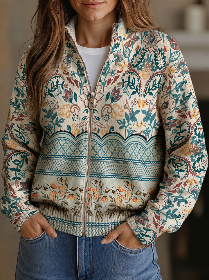 Sybilla | Women's long-sleeve cardigan with floral pattern and stand-up collar