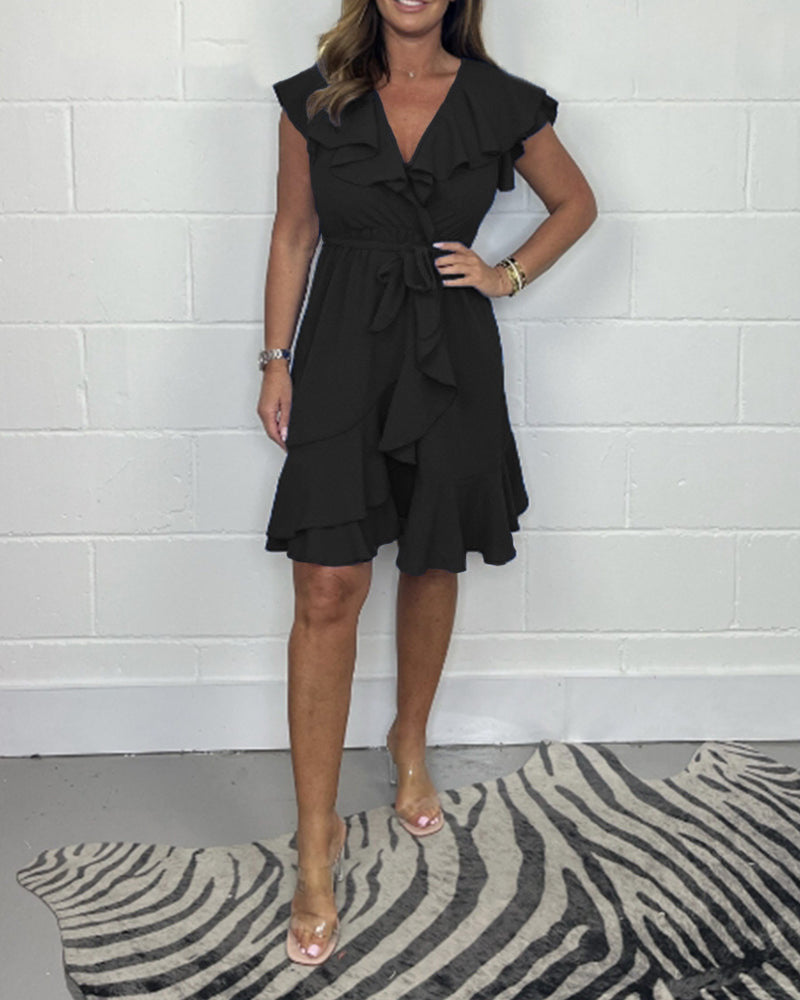 Wilhelmina™ - Elegant V-Neck Dress with Ruffle Embellishments