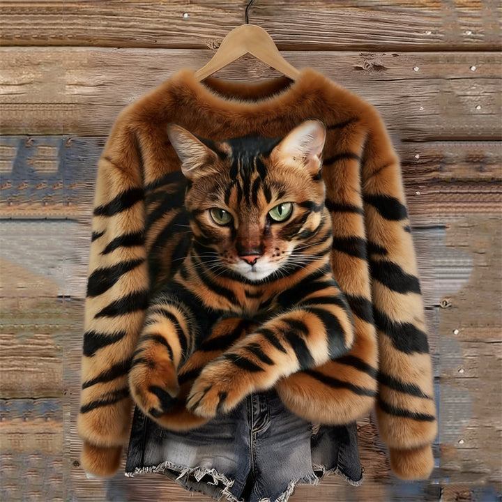Cozy Plush Sweatshirt with a Tiger and Tabby Kitten Design