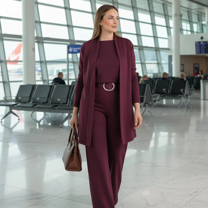 Chic 3-piece ensemble: Long cardigan, top, and trousers