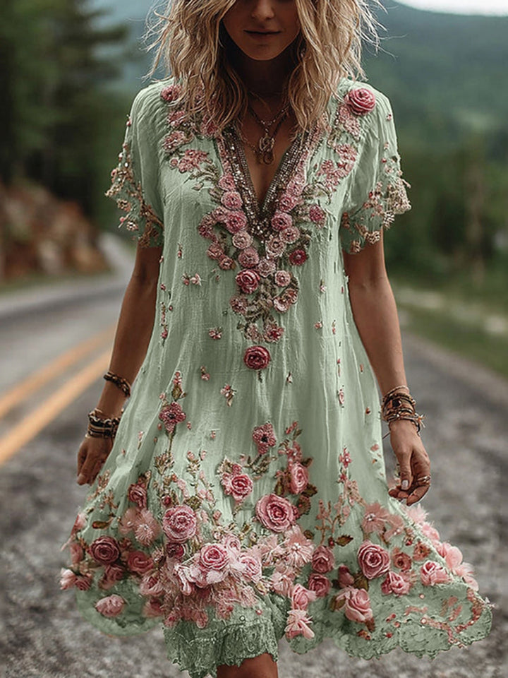 Ruby - Blossom Embroidered V-Neck Dress