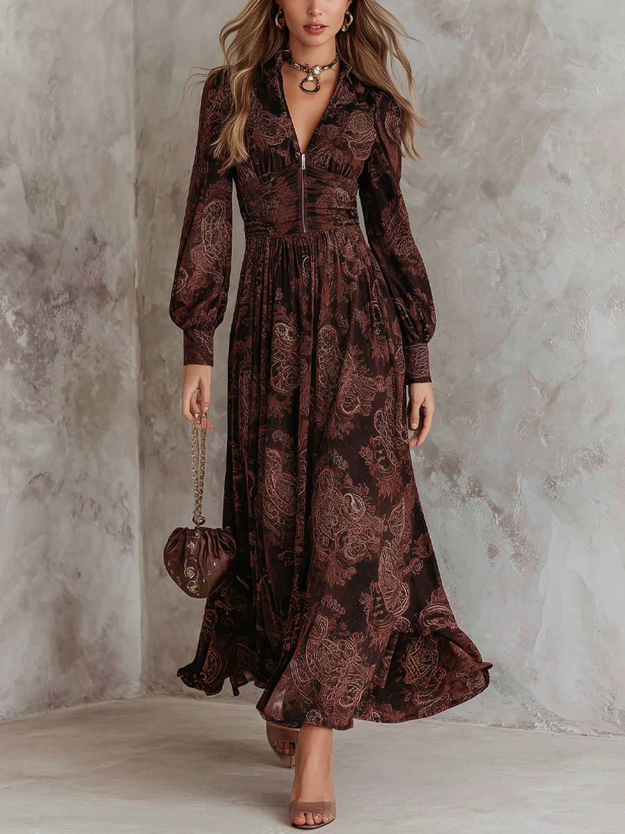 Amelia™ Paisley-Printed Zipper Maxi Dress
