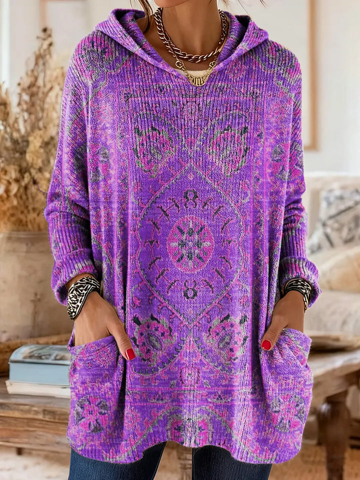 Vintage-Inspired Hooded Knit Tunic with Pockets and Ethnic Print