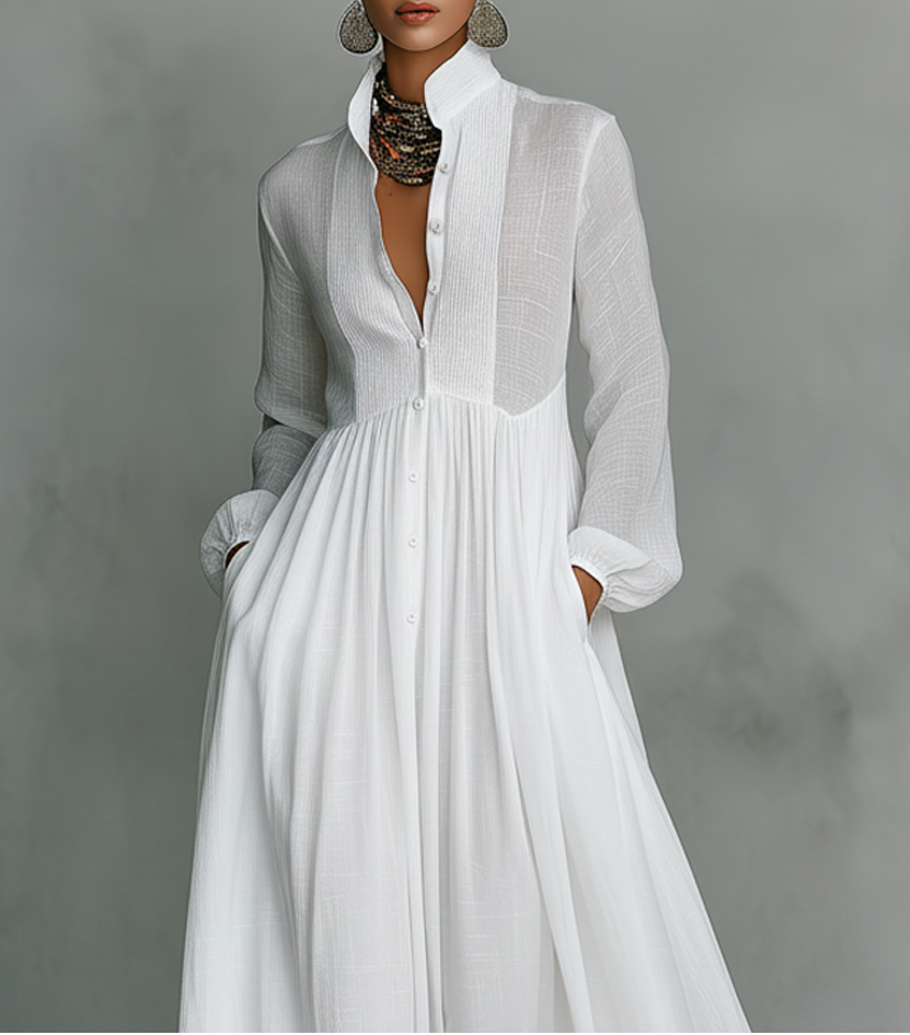 Elisa | Cotton and Linen Patchwork Maxi Dress with High Collar and Long Sleeves - Minimalist Style