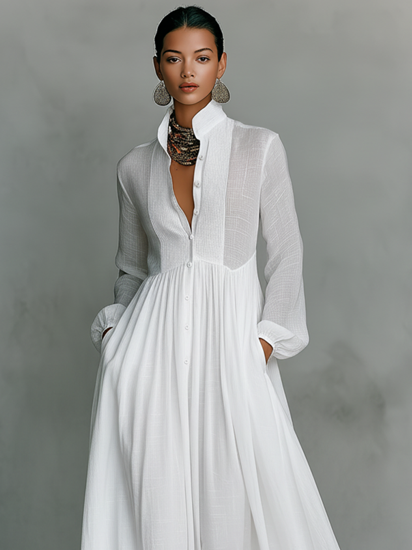 Women's Minimalist Patchwork Maxi Dress with Stand Collar and Long Sleeves, Single-Breasted.