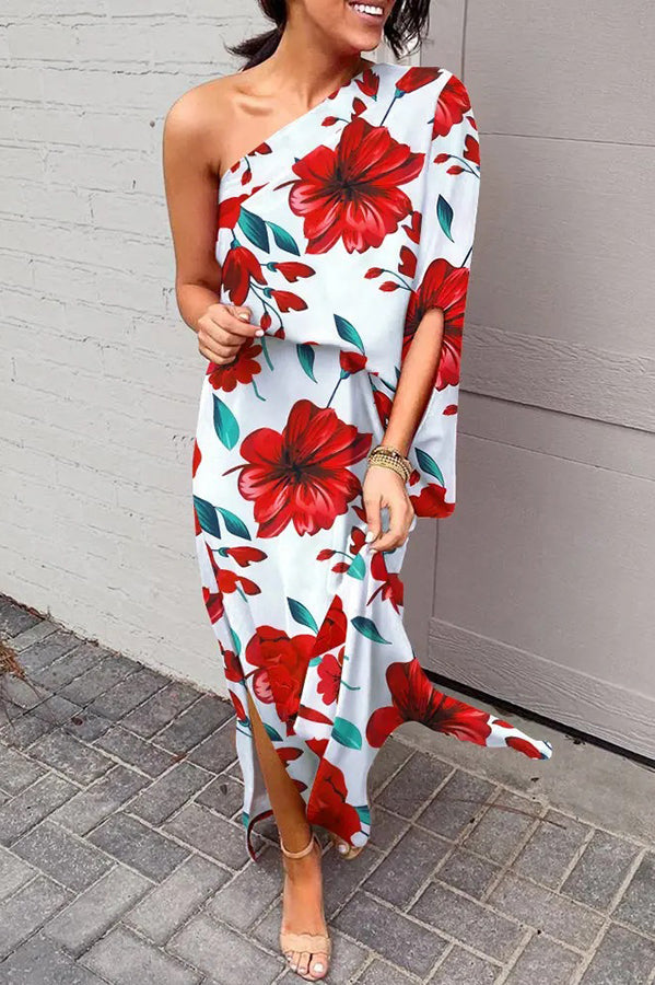 Rosie maxi dress with one-shoulder design and printed hem