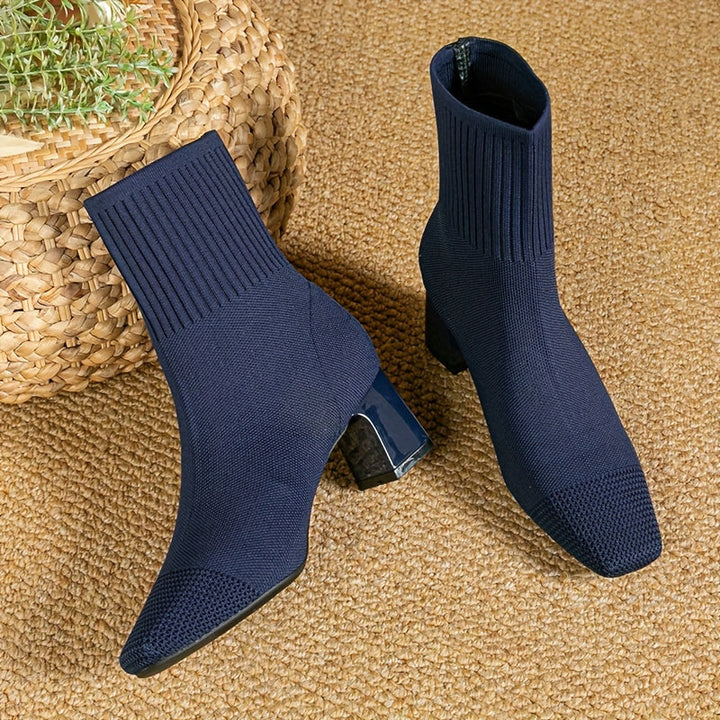 Kindra | Women's Knitted Ankle Boots with Block Heel and Square Toe