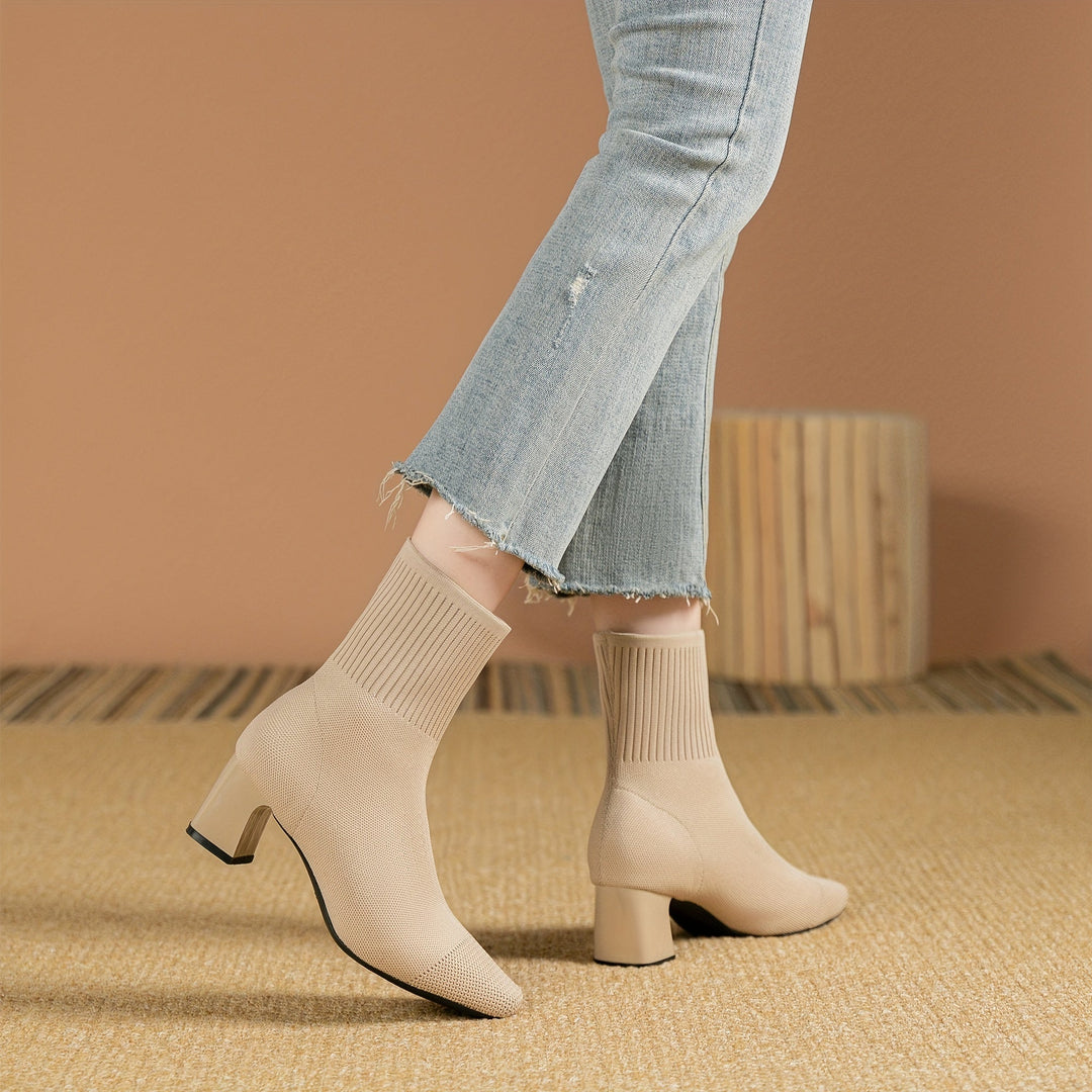 Kindra | Women's Knitted Ankle Boots with Block Heel and Square Toe