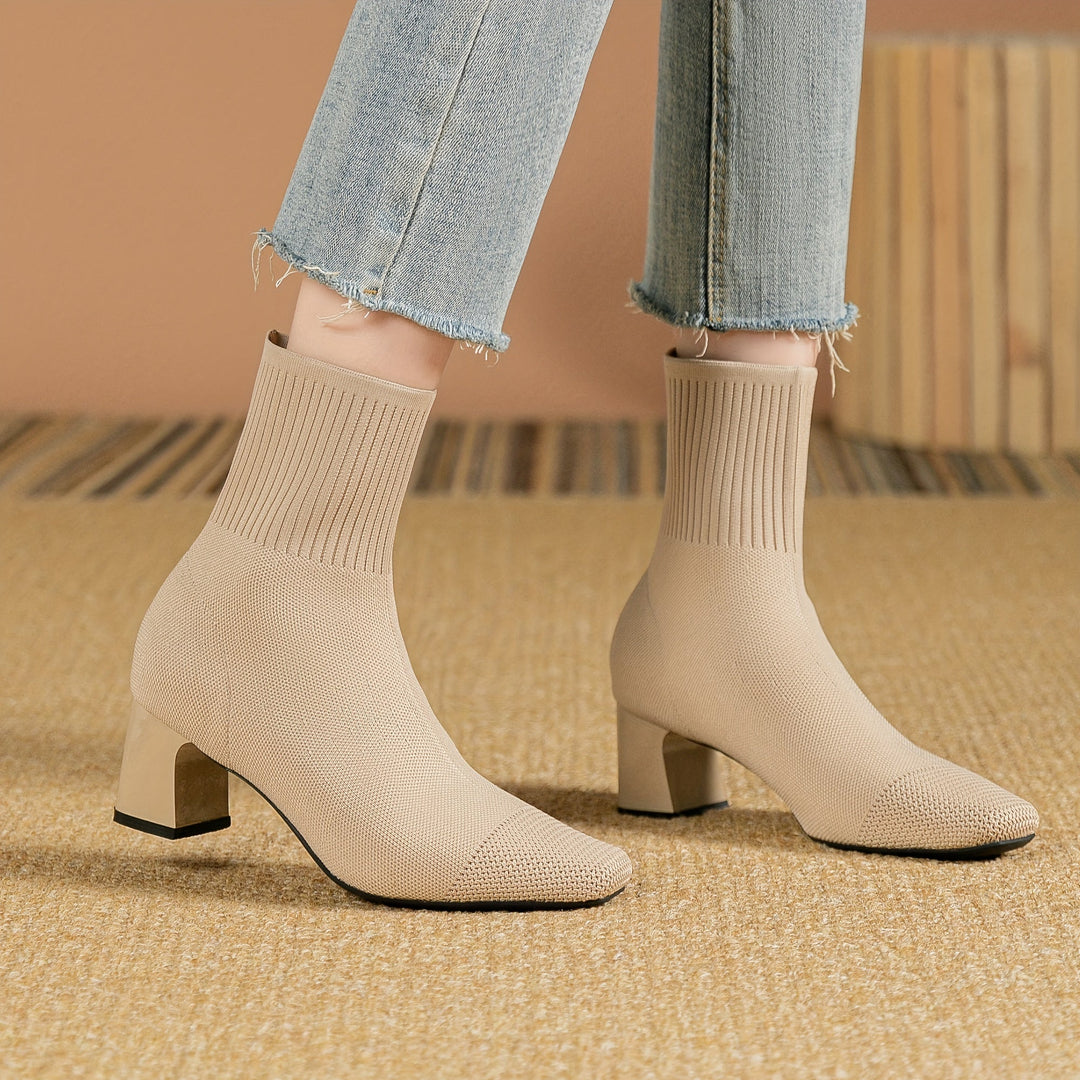 Kindra | Women's Knitted Ankle Boots with Block Heel and Square Toe