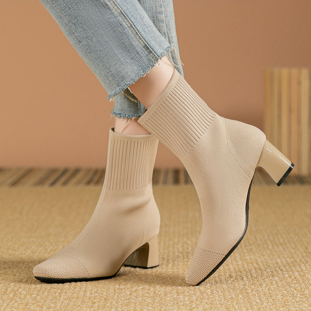 Kindra | Women's Knitted Ankle Boots with Block Heel and Square Toe