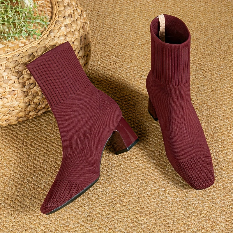 Kindra | Women's Knitted Ankle Boots with Block Heel and Square Toe