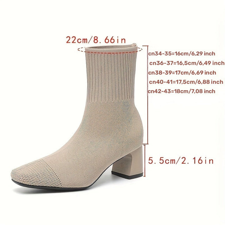 Kindra | Women's Knitted Ankle Boots with Block Heel and Square Toe