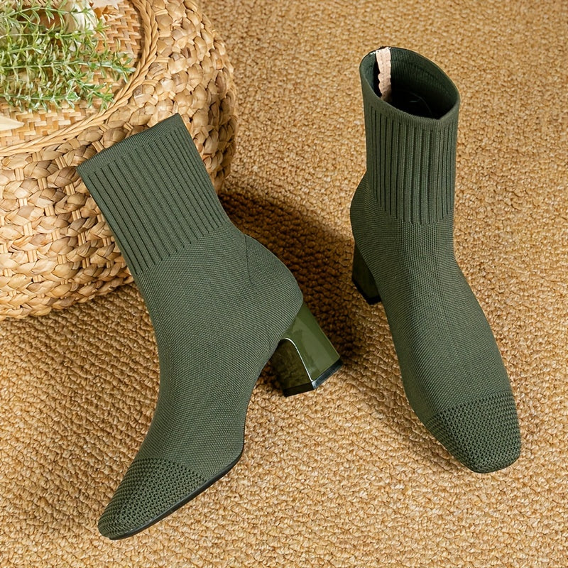 Kindra | Women's Knitted Ankle Boots with Block Heel and Square Toe