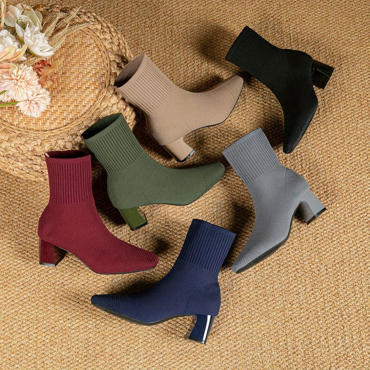 Kindra | Women's Knitted Ankle Boots with Block Heel and Square Toe