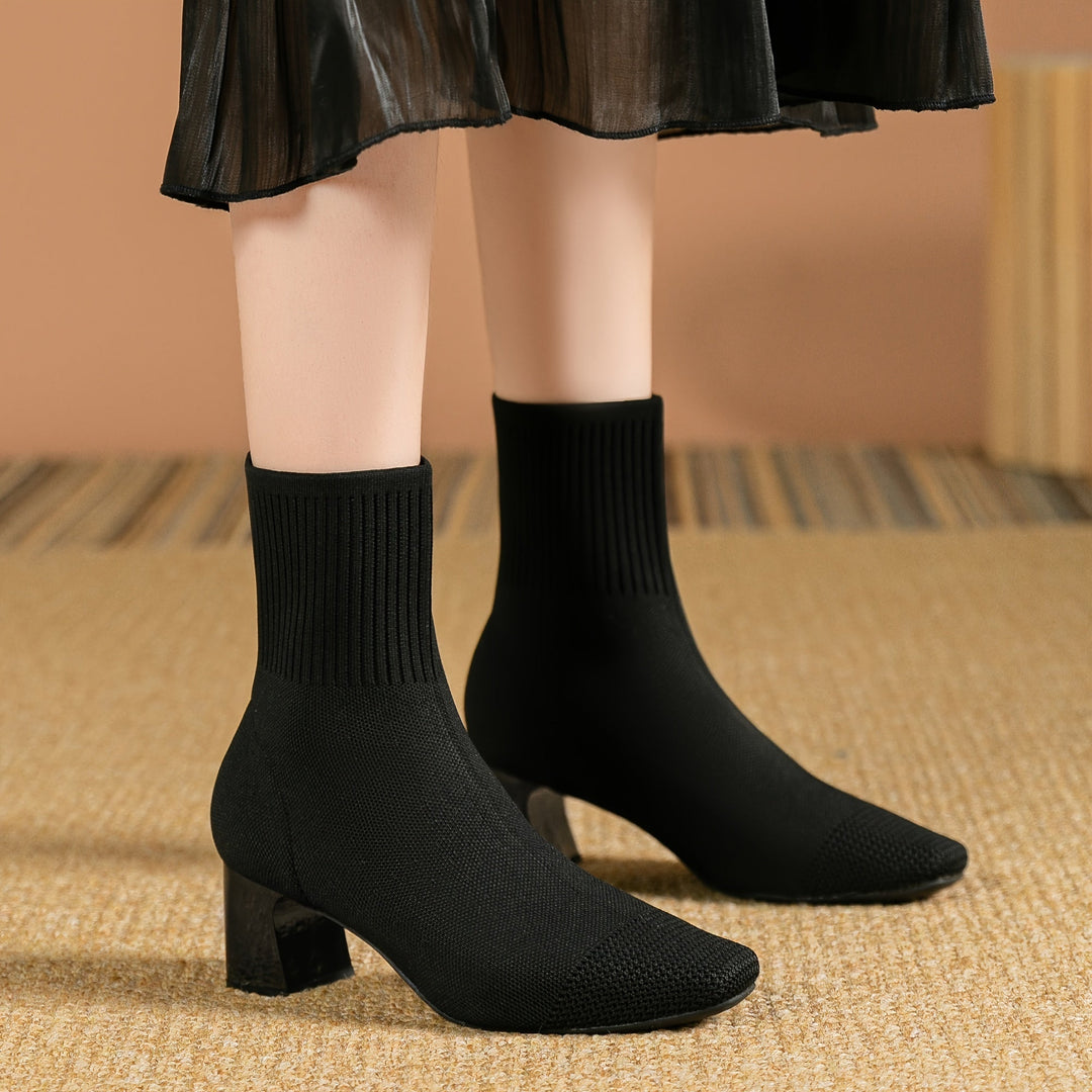 Kindra | Women's Knitted Ankle Boots with Block Heel and Square Toe