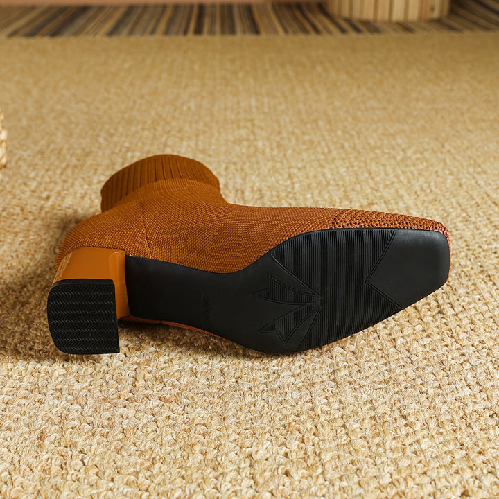 Kindra | Women's Knitted Ankle Boots with Block Heel and Square Toe