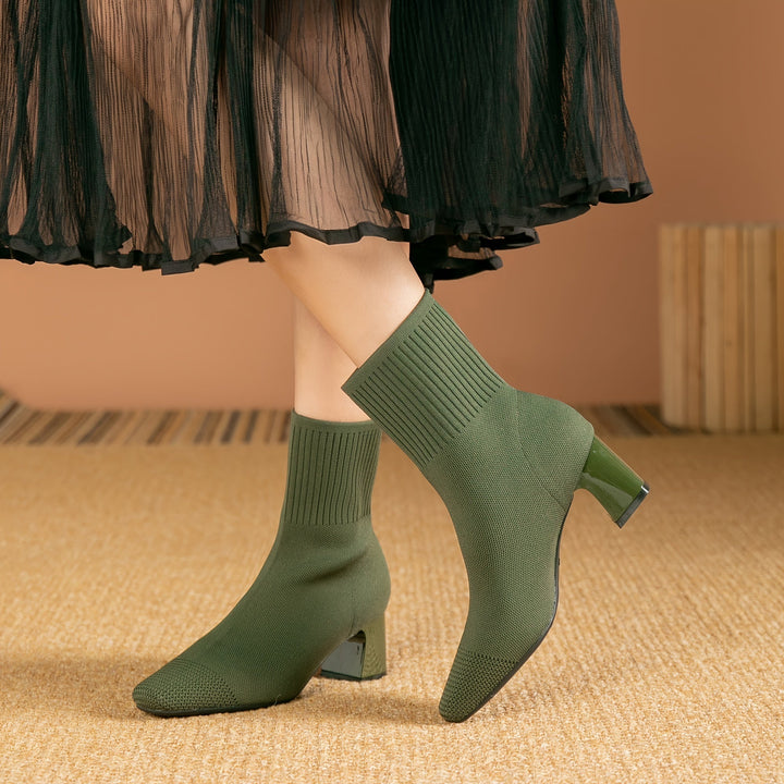 Kindra | Women's Knitted Ankle Boots with Block Heel and Square Toe