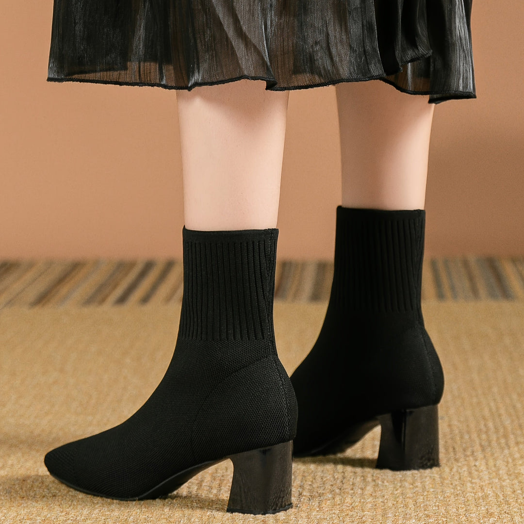 Kindra | Women's Knitted Ankle Boots with Block Heel and Square Toe