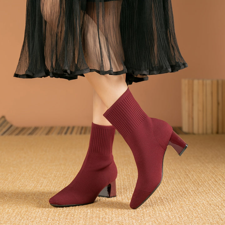 Kindra | Women's Knitted Ankle Boots with Block Heel and Square Toe