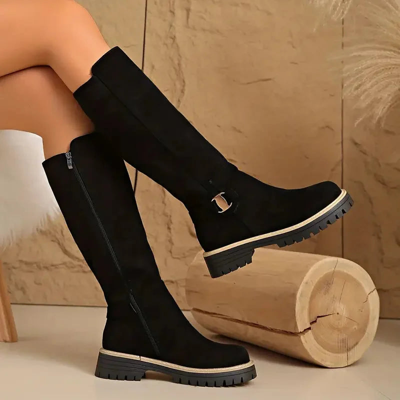 Bertine | Women’s knee-high boots with buckle detail and lug sole