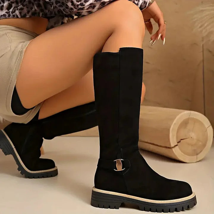Bertine | Women’s knee-high boots with buckle detail and lug sole