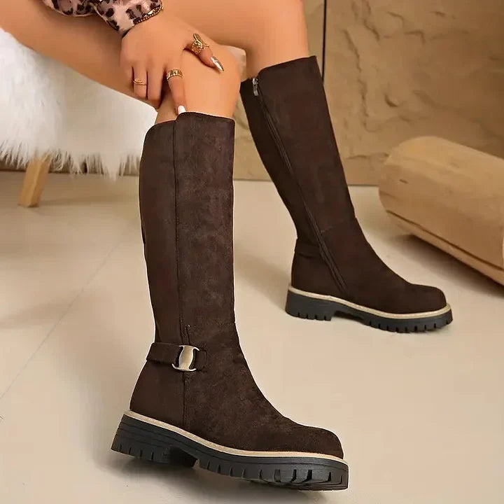 Bertine | Women’s knee-high boots with buckle detail and lug sole