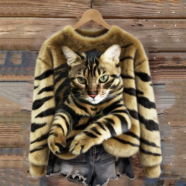 Cozy Plush Sweatshirt with a Tiger and Tabby Kitten Design