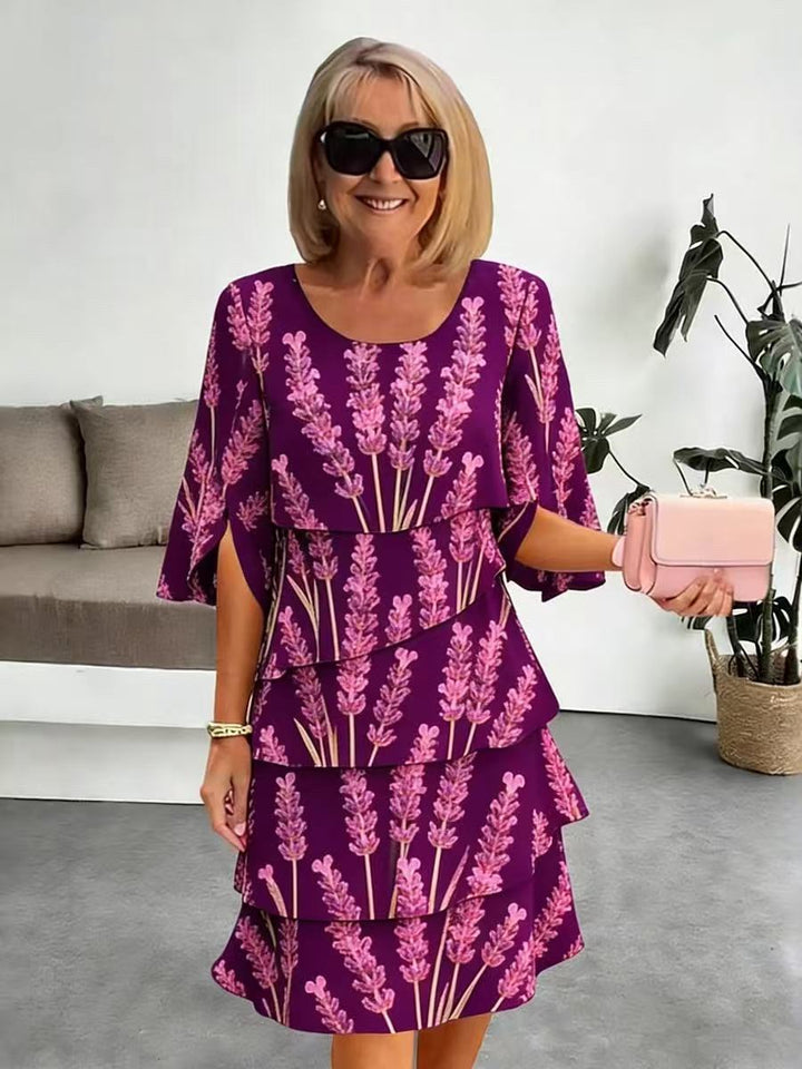 Elyvane™ - Women's Floral Ruffle Dress with Midi Length and Slit Sleeves
