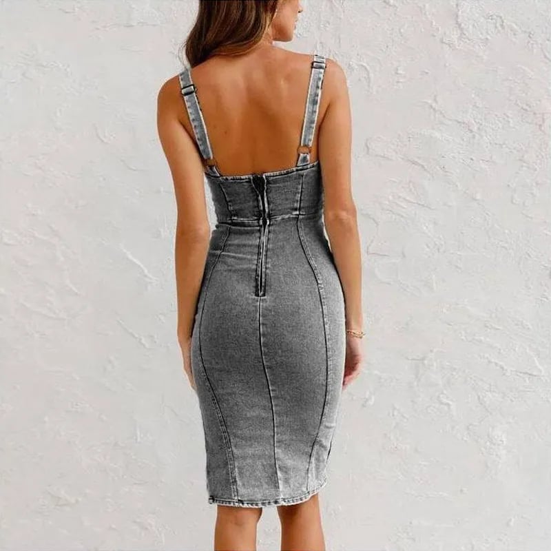 Tailored denim dress with adjustable belt and U-neck