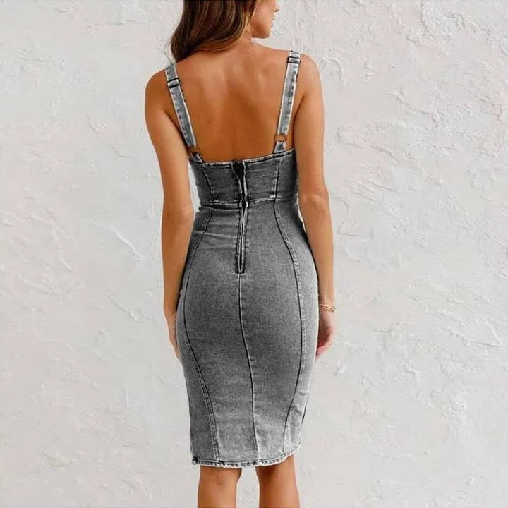 Tailored denim dress with adjustable belt and U-neck
