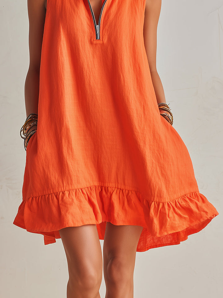 Bright Orange Linen Half-Zip Mini Dress with Ruffle Hem and Stand-Up Collar