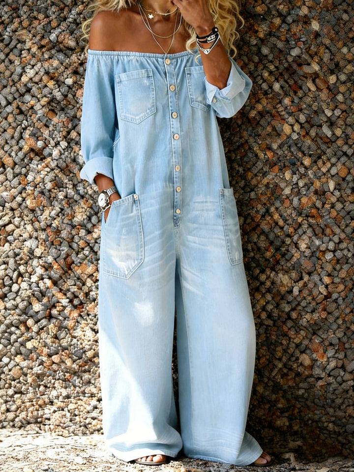 Noa | Denim jumpsuit with off-shoulder neckline