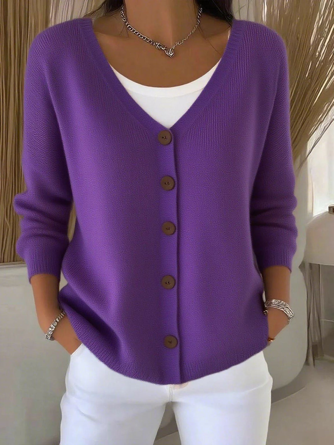 Olivia™ - Long Sleeve V-Neck Button-Up Sweater