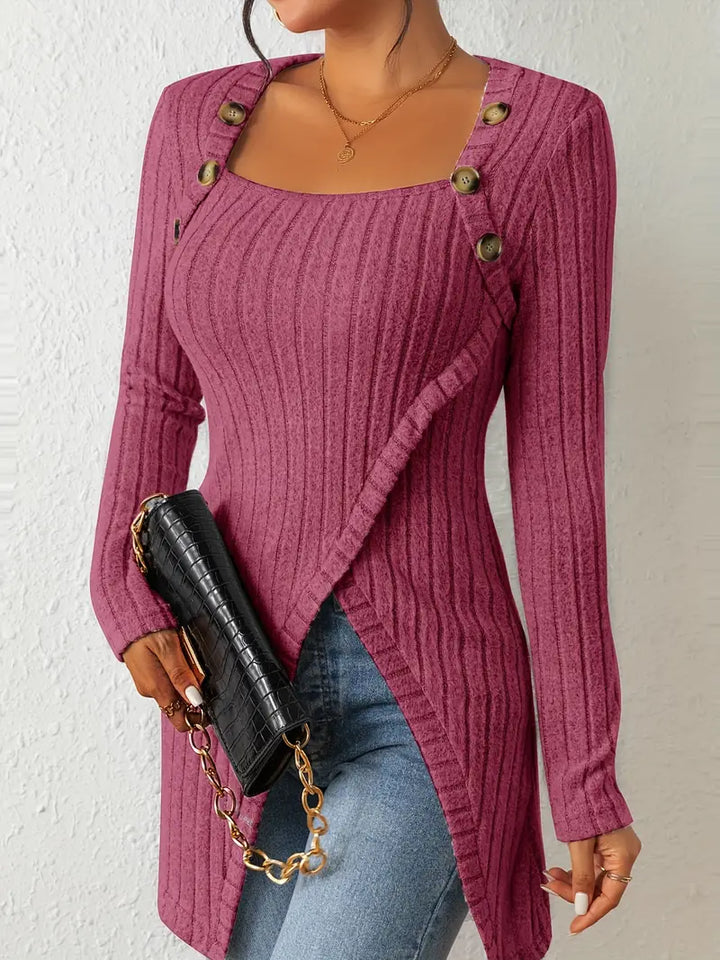Julia - Asymmetric Buttoned Rib-Knit Top