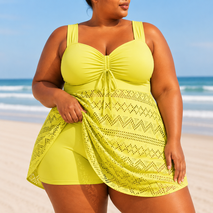 Elegant Women's Swim Dress Emille Plus Size with Flowing Overlay