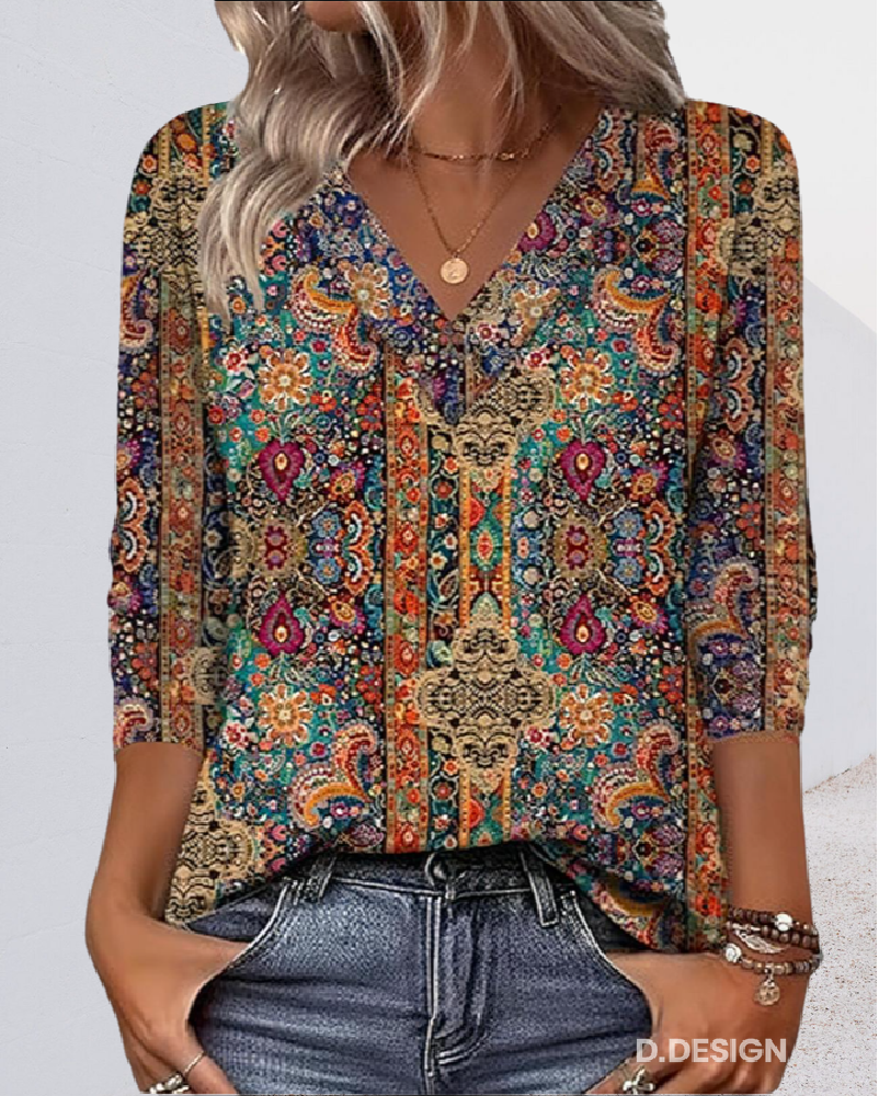 Vintage-Inspired V-Neck Print Blouse