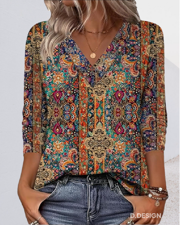 Vintage-Inspired V-Neck Print Blouse