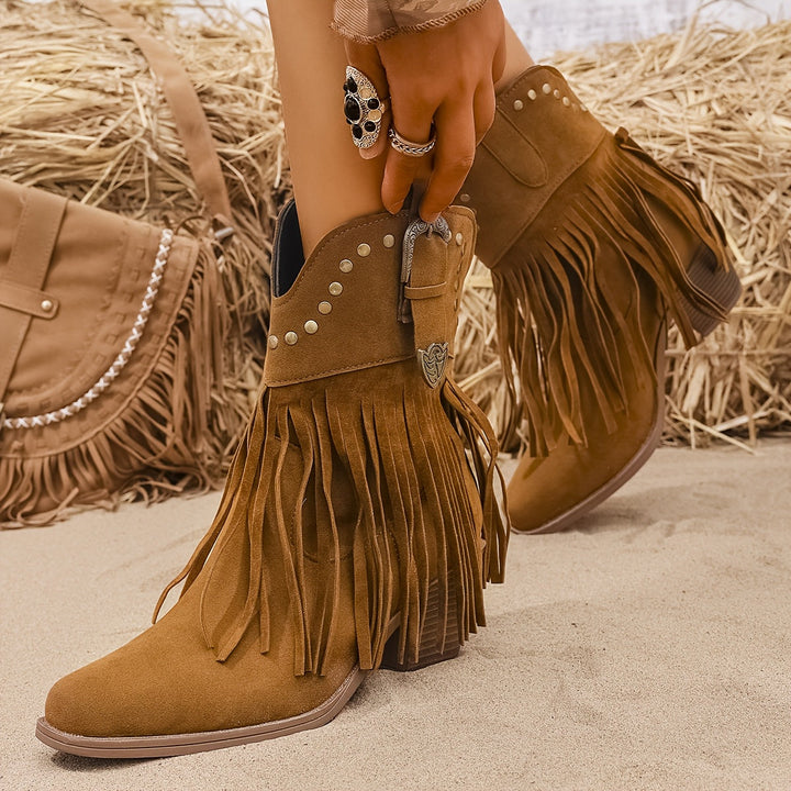 Calla | Women’s Western Boots with a Wide Shaft, Fringes, and Studs