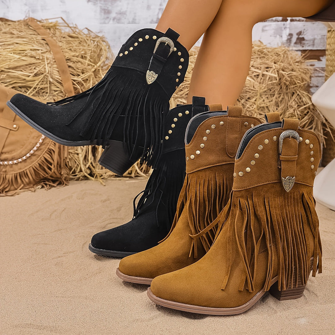 Calla | Women’s Western Boots with a Wide Shaft, Fringes, and Studs