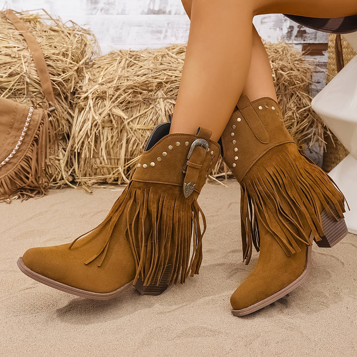 Calla | Women’s Western Boots with a Wide Shaft, Fringes, and Studs