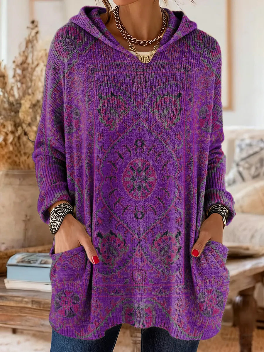 Vintage-Inspired Hooded Knit Tunic with Pockets and Ethnic Print