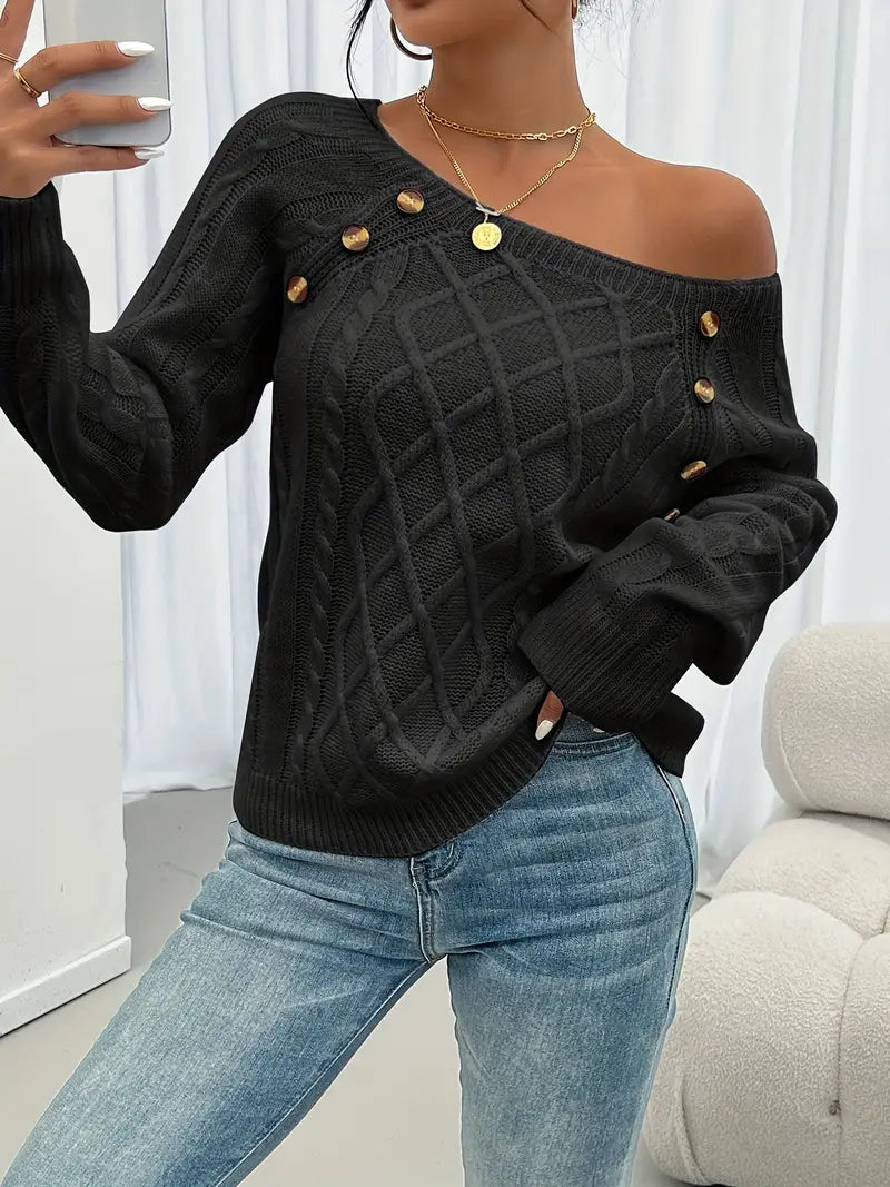 Lina - Cable Knit Long Sleeve Sweater, Casual Round Neck Pullover