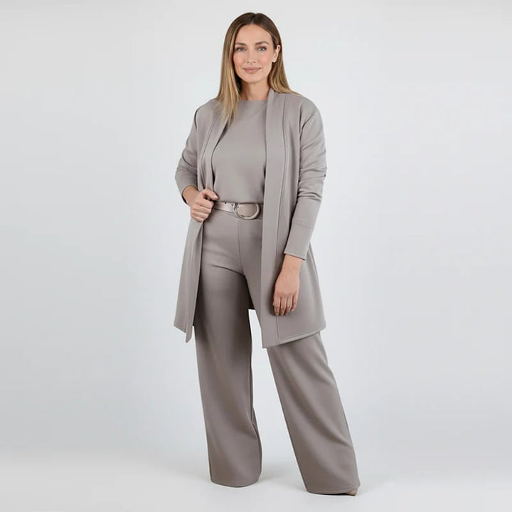 Chic 3-piece ensemble: Long cardigan, top, and trousers