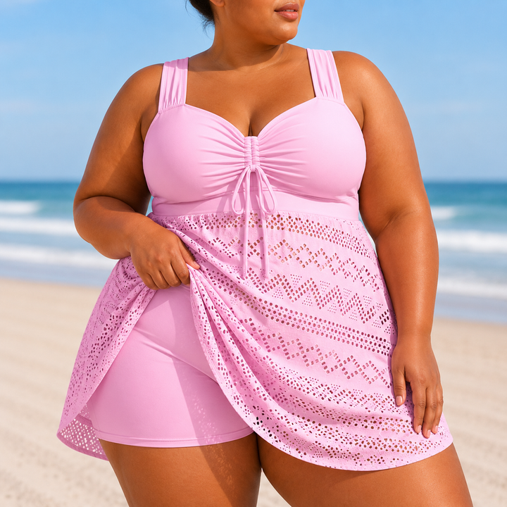 Elegant Women's Swim Dress Emille Plus Size with Flowing Overlay