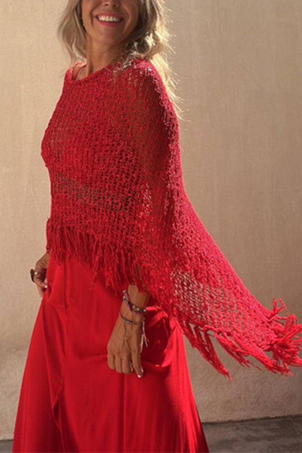 Sunset Breeze Tasseled Knit Cutout Cover-Up
